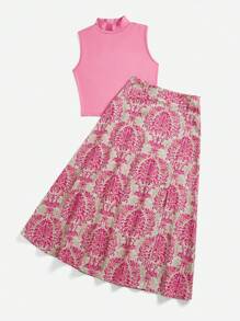 Breezaya Femmes ensemble jupe et top simple couleur unie sans manches