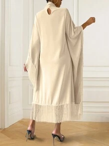 Chiquease Elegant Solid Color Stand Collar Fringed Decor Batwing Sleeve Dress For Spring And Summer - Apricot - View 2