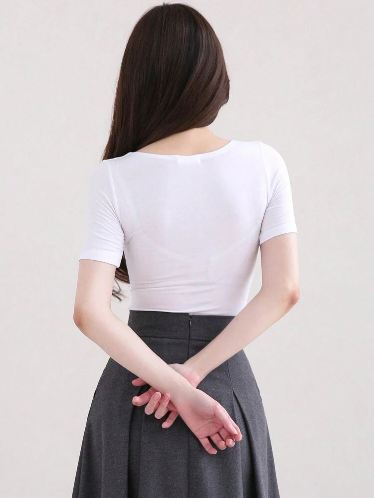 Women Summer Solid Color Round Neck Short Sleeve Casual T-Shirt