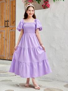 SHEIN Vestido casual largo suelto para adolescente con manga abullonada, cuello cuadrado y detalles de tejido en color limpio - Púrpura malva - Ver 4