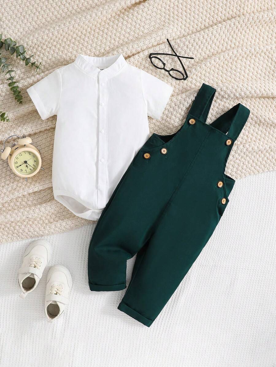 SHEIN Baby Boy Mock Neck Shirt Bodysuit & Pinafore Jumpsuit 2pcs/Set