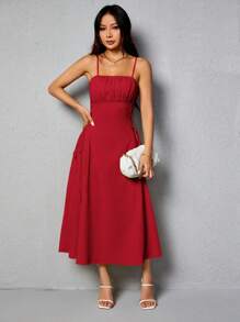 SHEIN PETITE Ladies Summer Solid Color Waist Tie Pleated Long Simple Elegant Spaghetti Strap Dress