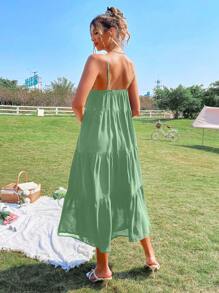 SHEIN VCAY Women Summer Beach Cut Out Front Ruffle Hem Cami Maxi Black Dress - Mint Green - View 2