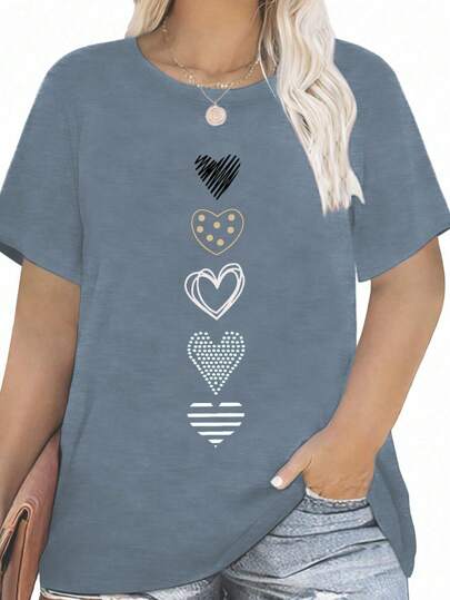 Flirla Plus-Size T-Shirt With Heart-Shaped Graffiti And Round Neckline Women Graphic Tee Top For Summer