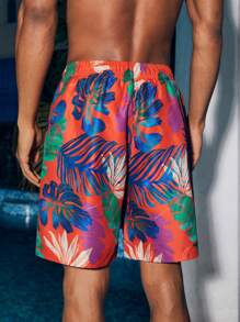 Manfinity Men Vacation Leisure Plant Printed Swim Trunks For Pool And Beach