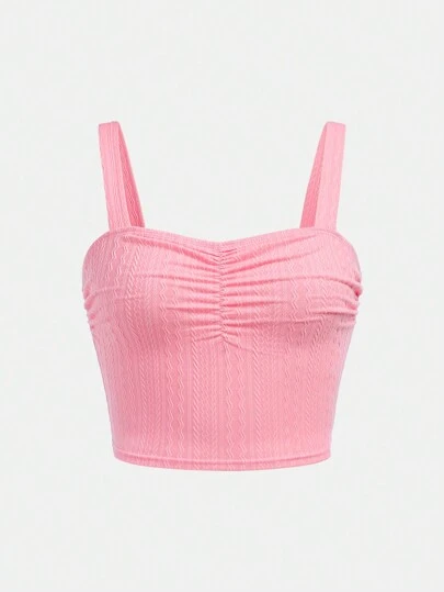 SHEIN 少女優雅方領針織紋織花褶邊襯衫，夏季適用