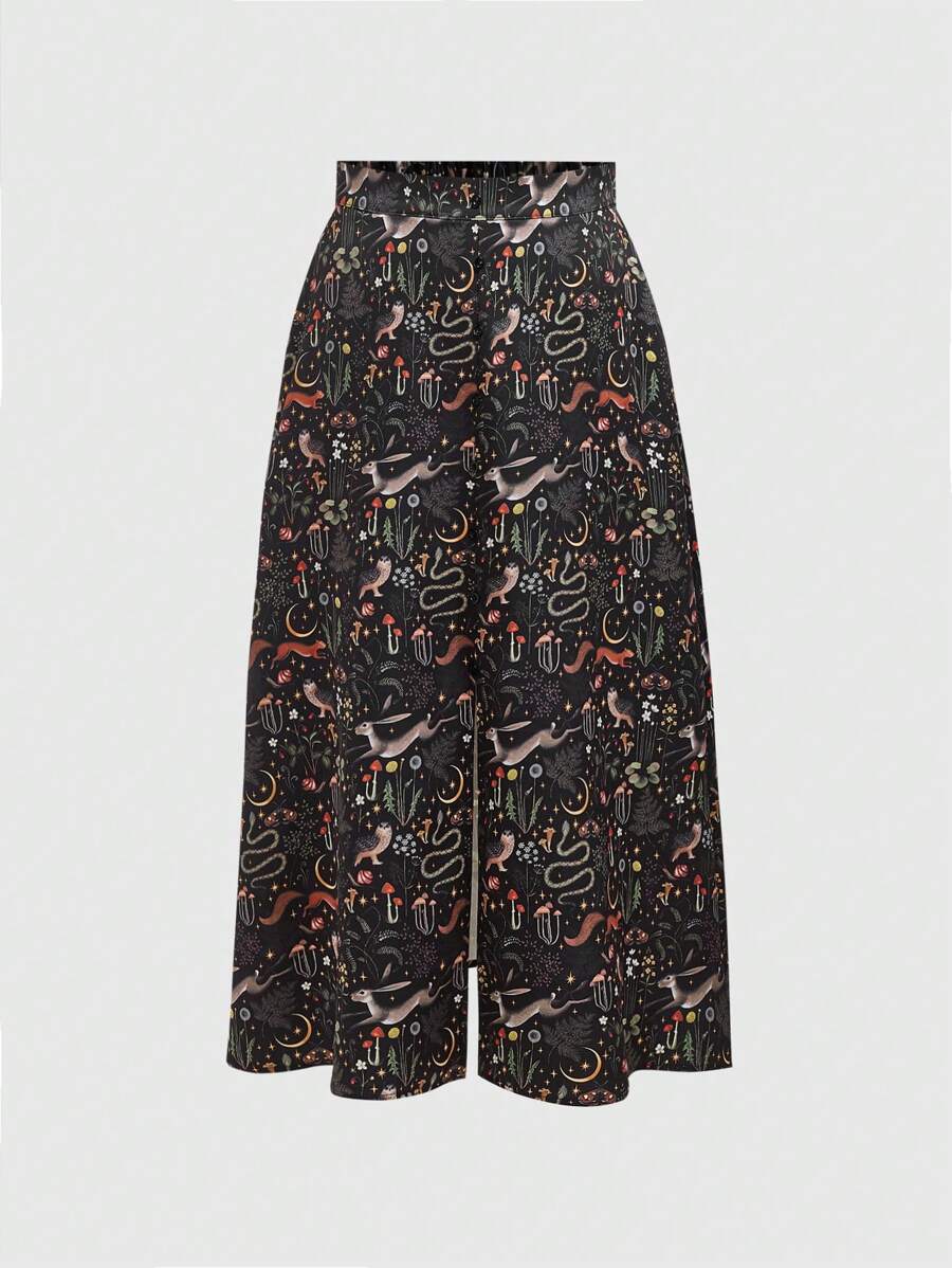 ROMWE Fairycore 大碼女性動物蘑菇印花鈕扣裝飾分割式裙擺裙 - 彩色 - 查看 1