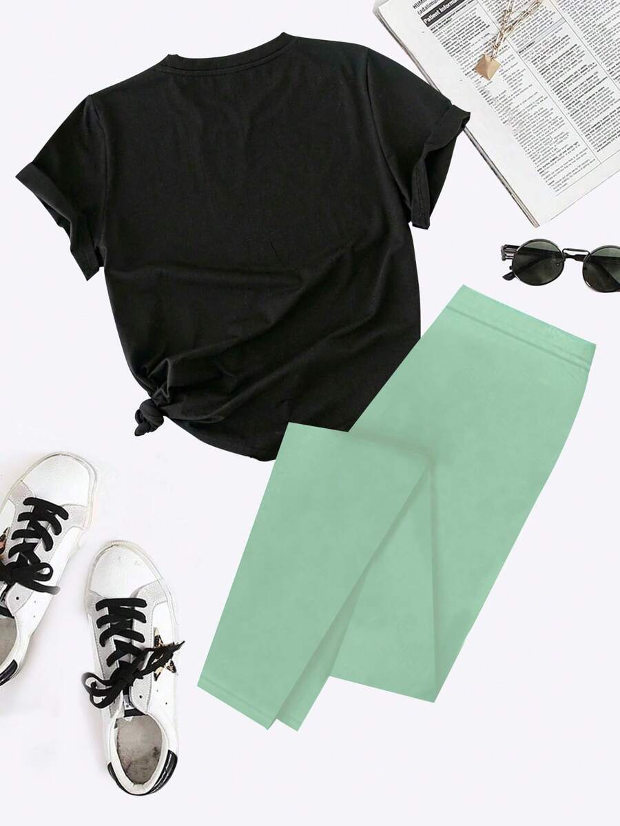 Women Fashionable Basic Short Sleeve TShirt And Leggings Set SHEIN