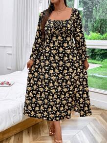 Breezaya Plus Size Women Summer Holiday Style Sweetheart Neckline Flared Cuff Front Tie Side Slit Maxi Elegant Dress