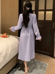 DAZY 女性蕾絲拼接蝴蝶結詳情蝴蝶結裝飾波浪袖優雅夜gown - 淡紫色 - 查看 2