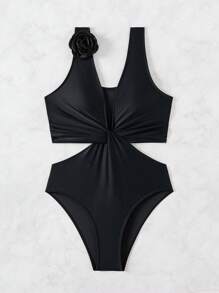 SHEIN Swim 假日純色扭結空心3D花卉裝飾連身泳衣，夏季海灘 - 黑色 - 查看 5