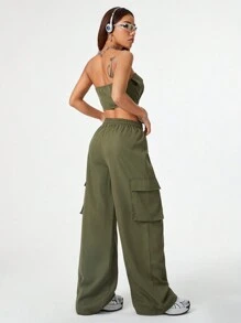 SHEIN Coolane 女士街头风格宽松上衣和裤子工作服两件套 - 軍綠色 - 查看 2