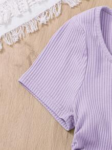 SHEIN Teen Girl Knit Patchwork Halter Neck Short Sleeve T-Shirt With Ruched Hemline And 2 In 1 - Mauve Purple - View 4
