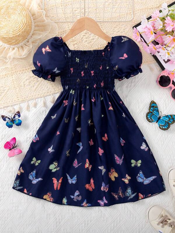 Young Girl Summer-To-Fall Navy Blue Puff Sleeve Ladylike Party Dress With Lovely And Gentle Butterfly Print Butterfly Dress Young Girl