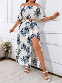 SHEIN Holidaya Áo trễ vai in hoa cỡ lớn và váy xẻ tà cao cho mùa Xuân/Hè - trắng - Xem 4