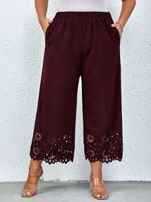 SHEIN Clasi Plus Size Women Fashionable Flower Cutout Loose Pants - Maroon - View 1