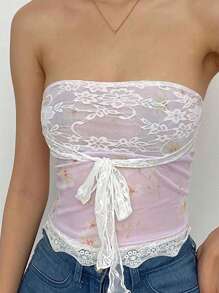 INAWLY Top sin tirantes con encaje, estampado floral, lazo y efecto moldeador para mujer en verano - Rosa - Ver 1