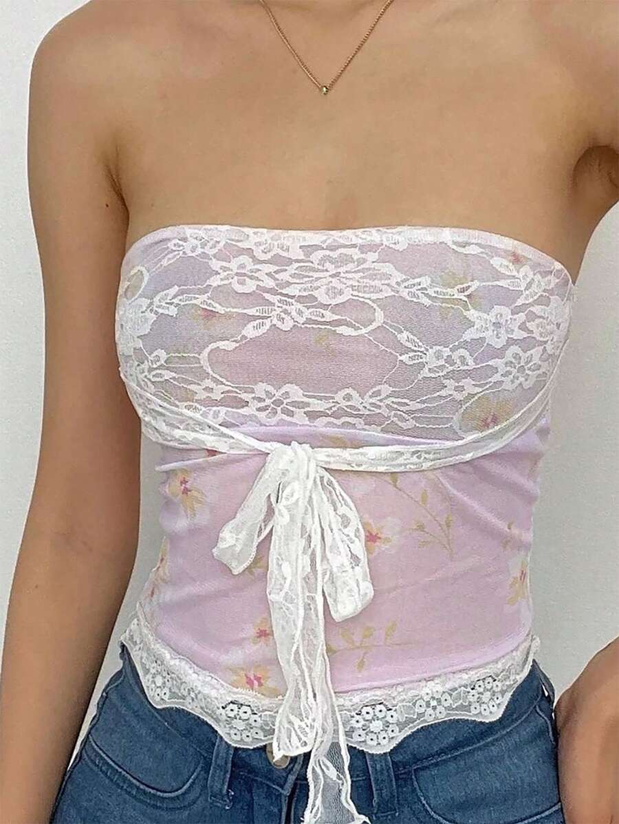 INAWLY Top sin tirantes con encaje, estampado floral, lazo y efecto moldeador para mujer en verano - Rosa - Ver 1