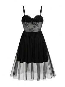Flirla Plus Size Women's Lace & Mesh Contrast Hem Cami Dress For Summer - Black - View 2