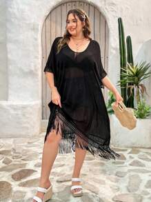 Dreamara Plus Casual Holiday Music Festival Black Fringe Trim Loose And Comfortable Dress - Black - View 5