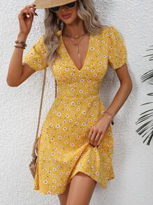 Breezaya Vestido y falda de escote en V con estampado floral pequeño para verano, conjunto de ropa de playa y vacaciones para mujeres
