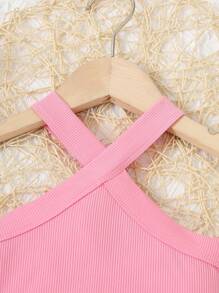 Conjunto de verano para niña joven que incluye top sin mangas de cuello halter y tanque de costilla sólido con falda con estampado floral pequeño y cintura elástica para vacaciones de ocio