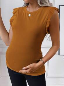 SHEIN Maternity Round Neck Solid Color Simple And Versatile Spring/Summer T-Shirt - Brown - View 4