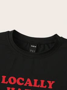SHEIN EZwear 大码女式夏季 Y2K 粉色标语短款 T 恤 LOCALLY HATED - 黑色 - 查看 3