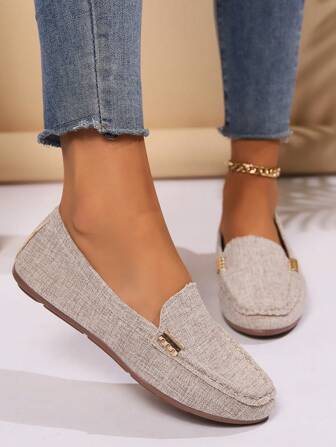 Höst/vinter Nya Plus Size Lätta Slip-On Loafers, Mångsidiga För Vardag, Pendling, Enfärgade, Metallspänne, Rund Tå, Andningsbart Linnetyg, Handgjorda Blommor, Casual Dammockasiner, Lämpliga För Vår, Sommar, Alla Säsonger, Sneakers För Damer