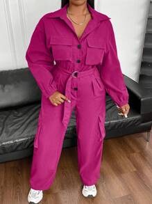 Flirla Plus Size Xuân Thu Bộ áo liền quần màu trơn thường ngày với phong cách quần áo bảo hộ lao động - Màu Hồng Tươi - Xem 3