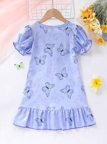 Pink Short Sleeve Butterfly Print Lace Trim Nightdress For Young Girls' Home Wear