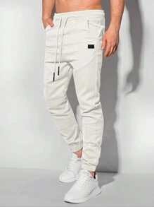 Manfinity Homme Men Casual Solid Color Drawstring Waistband With Detailed Elastic Cuffs Long Pants, For Fall - White - View 3