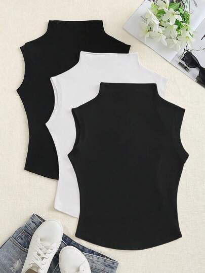 Sweetra Spring/Summer Casual Solid Color Stand Collar Sleeveless T-Shirt