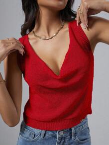 SHEIN Unity Women Solid Color Knitted Vest Top With Draped Neckline - Red - View 3