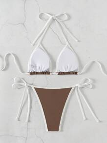 Swim Chiccia Color-Block Halter Neck Back Tie Bikini Set With Contrast Binding Bathing Suit For Summer Beach - Coffee Brown - View 4