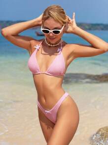 SHEIN Swim Women Vacation Beach Bow Detail Decorated Textured Bikini Set,Summer Beach - Pink - View 7