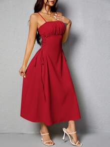 SHEIN PETITE Ladies Summer Solid Color Waist Tie Pleated Long Simple Elegant Spaghetti Strap Dress