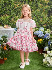 SHEIN Young Girl Sweet & Lovely Butterfly Printed Bubble Sleeve Dress With Lace & Mesh Contrast