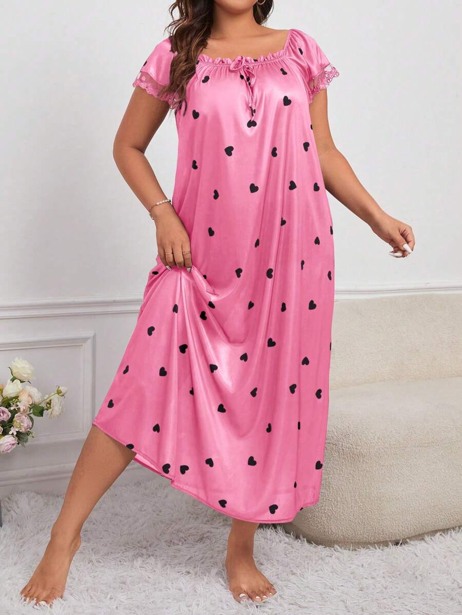 Plus Size Summer Square Neckline Heart Print Long Pajama Night Dress, Moo Moo - Pink - View 1