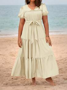 Breezaya Plus Size V-Neck Belted Vacation Style Solid Color Minimalist Dress For Spring And Summer