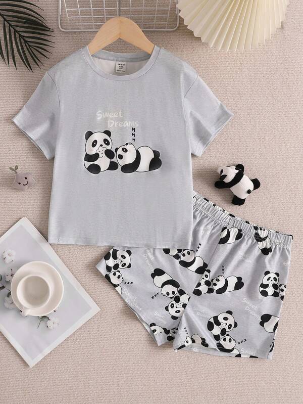 SHEIN Conjunto de duas peças de pijama retardante de chamas para meninas pré-adolescentes para verão, confortável e fofo com estampa de urso em shorts de manga curta.