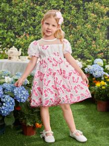 SHEIN Young Girl Sweet & Lovely Butterfly Printed Bubble Sleeve Dress With Lace & Mesh Contrast