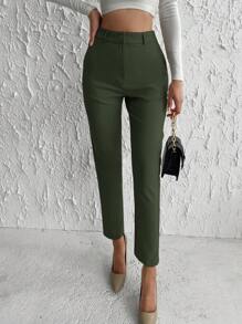 EURMUSE Solid Color Button With Zipper And Pockets Regular Pants - Army Green - View 5