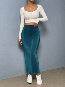 SHEIN Essnce Falda midi casual recta con cintura elástica para mujer con dobladillo plisado y borde con volantes