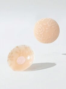 女性花邊蕾絲硅膠防凸點乳墊（1對） - 杏色 - 查看 3