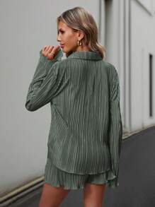 Siren Gaze Women Casual Solid Color Simple Style Long Sleeve Shirt And Shorts Two-Piece Set For Spring/Summer Winter