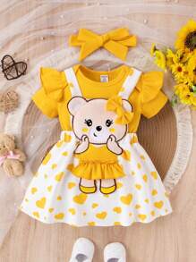 SHEIN Playful Pals 女嬰可愛愛心圖案泰迪上衣吊帶洋裝黃色夏季休閒套裝家庭穿搭荷葉邊短袖連身衣套組 - 黃色 - 查看 9