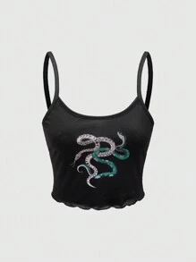 ROMWE Summer Gothic Sun Moon Star Snake Print Tank Top And Shorts Pajama Set - Black - View 3