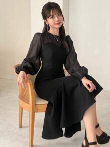 FRIFUL Robe mi-longue élégante pour femmes au printemps avec manches lanternes et design queue de poisson, volants, vêtements d'automne - Noir - Voir 1