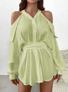 SHEIN Privé Women's Spring/Summer Romantic Open Shoulder Long Sleeve Cardigan With Drawstring - Mint Green - View 1